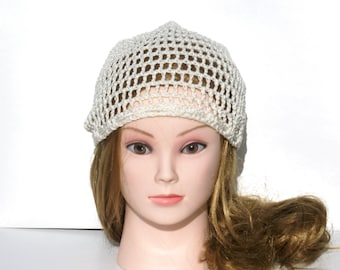 Cream white cotton beanie crochet mesh hat unisex slouchy beanie boho hippie dreadlock hat small dread tam