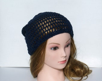 Dark Blue Cotton Crochet Beanie, unisex Slouchy hat openwork Mesh Summer Cap