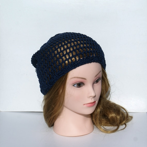 Dark Blue Cotton Crochet Beanie, Unisex Slouchy Hat Openwork  display picture 3