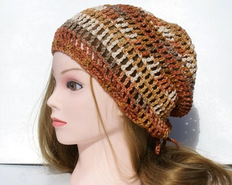 Burnt orange gradient beanie crochet cotton summer hat in earth colors mesh rasta tam unisex slouchy beanie snood hat small dreadlock hat