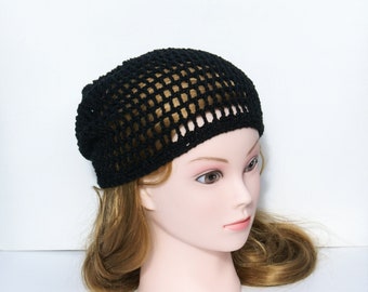 Black cotton mesh beanie slouchy hat crochet cap cotton net hat unisex dreadlock tam hipster hat