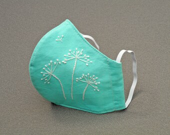 Turquoise Embroidered Face Mask: Floral Design, 3-Layer Cotton