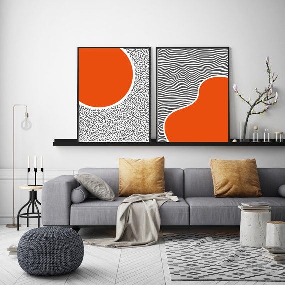 Mid century Living Room Art Fine Art Print Letter size art print Bauhaus Minimalist woodblock print in orange and blue