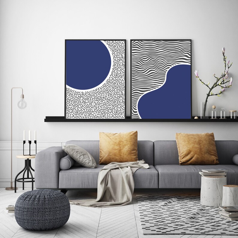 Navy Mid Century Modern Wall Art Prints Navy Wall Art Mid Etsy