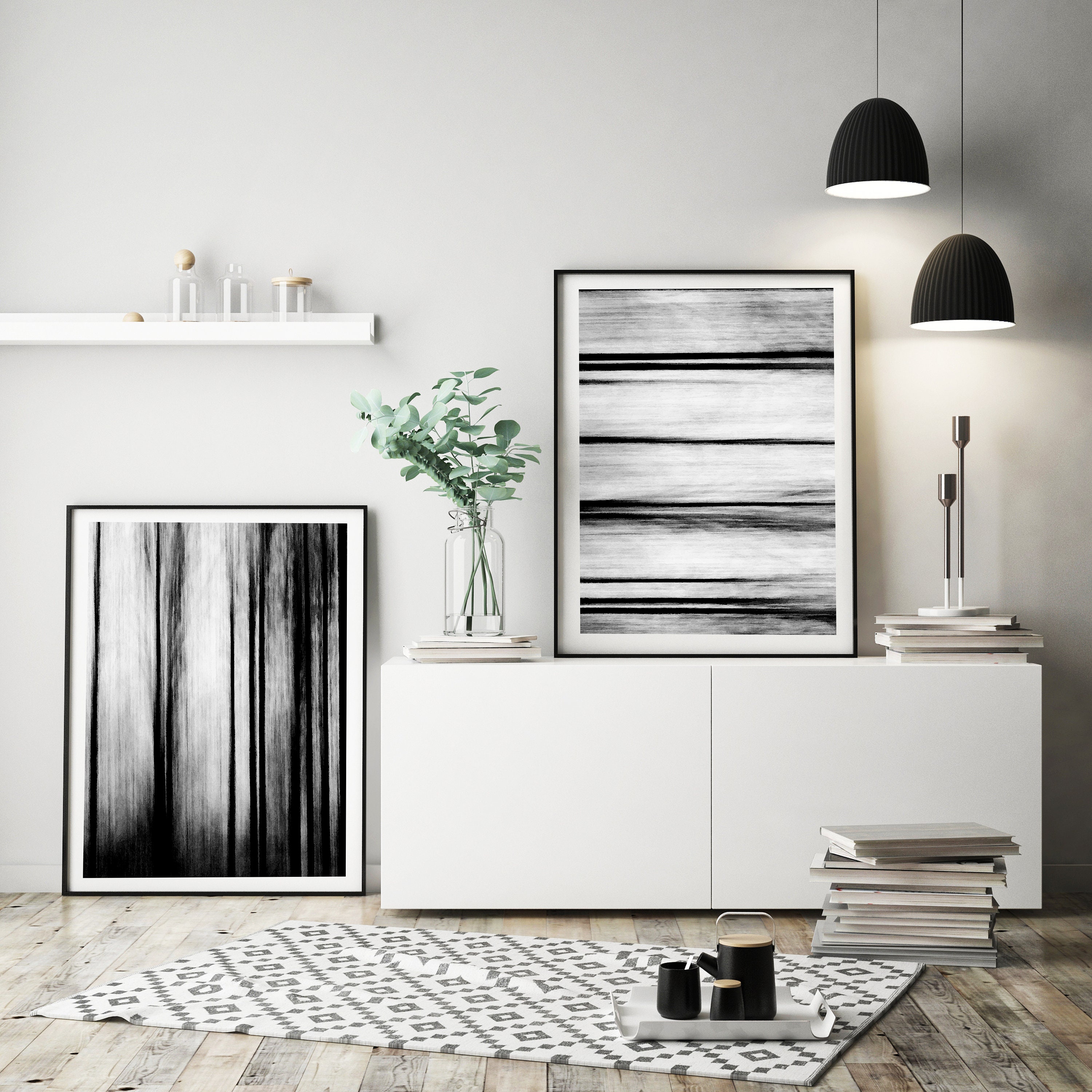 Set of 2 abstract prints monochrome wall art print black and Etsy