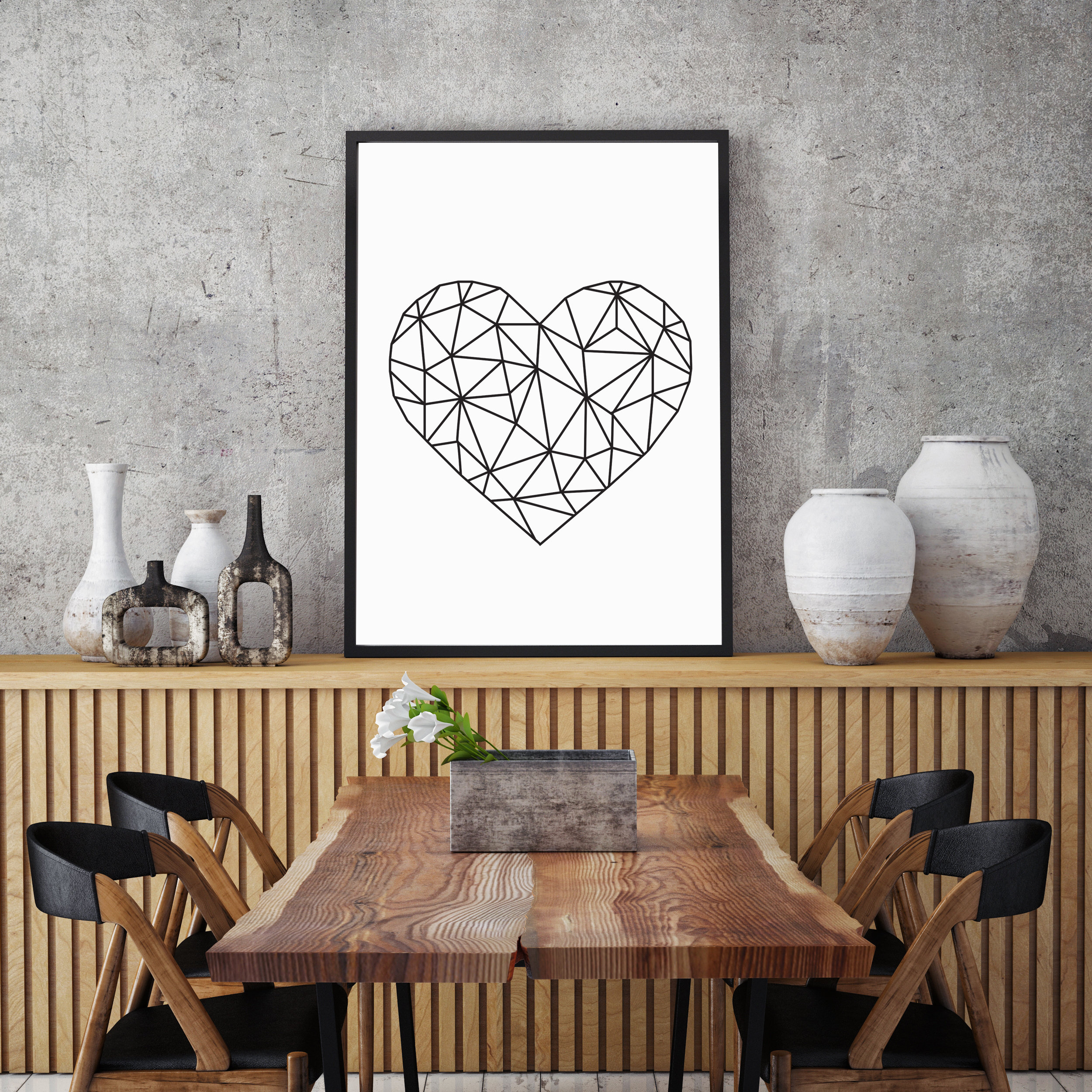 Geometric heart print monochrome wall art black and white | Etsy