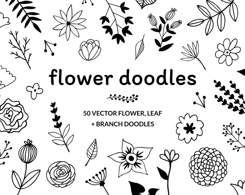 Download Set of 50 Flower & Plant Doodle Vector Files Black and ...