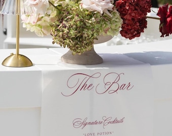 Signature Cocktails Burgundy Script Sign Menu in Linen Fabric