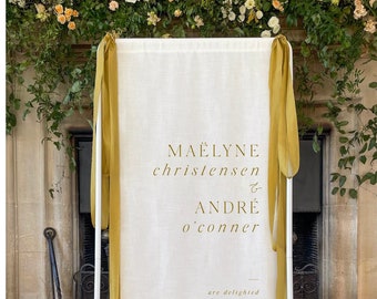 Linen Fabric Wedding Welcome Sign with Silk Ribbon Bows - with or without frame stand