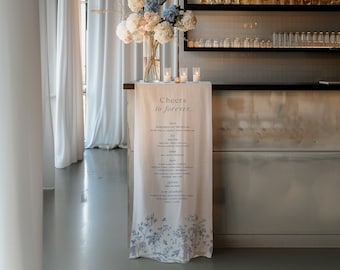 Blue & White Chinoiserie Bar Drinks Menus in Linen Fabric for Weddings