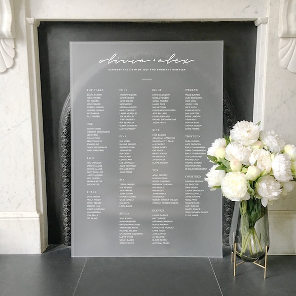 Frosted Acrylic + White Ink Script Wedding Table Plan/Seating Chart