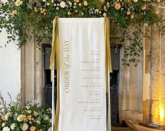 Linen Fabric Order of the Day Sign with Silk Ribbon Bows for Wedding - with or without frame stand
