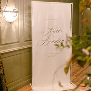 Script Linen Welcome Sign with Silk Ribbon & Optional Stand