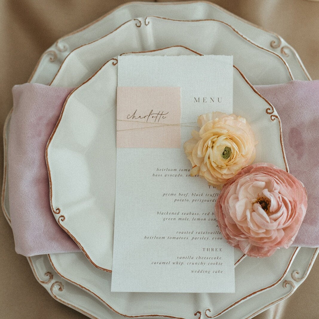 Linen Effect Torn/Deckled Edge Menus With Placecards & Gold Thread