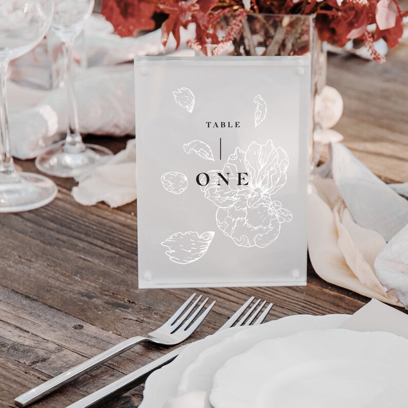 Acrylic Botanical Wedding Table Numbers White Ink On Frosted Image 0