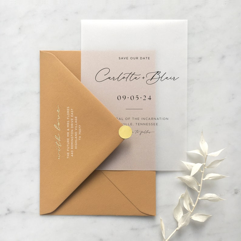 Minimal Script Vellum Save The Dates with Choice of Envelope & Gold Sticker image 5