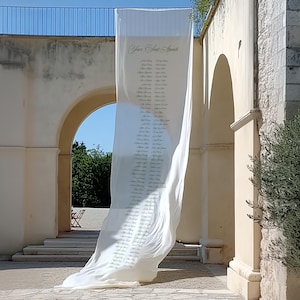 Puede incluir: Una pancarta de tela blanca transparente con el texto "Your Seat Awaits" en la parte superior, que enumera nombres en una fuente de escritura. La pancarta cuelga frente a una puerta arqueada, con un edificio de piedra y cielo azul en el fondo.