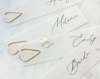 Translucent Vellum Script Place Cards / Name Tags with Gold Teardrop Clips