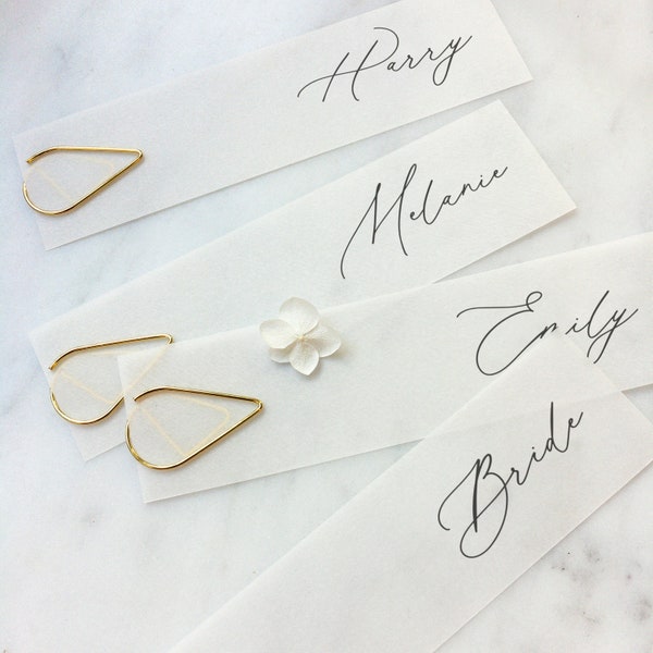 Translucent Vellum Script Place Cards / Name Tags with Gold Teardrop Clips