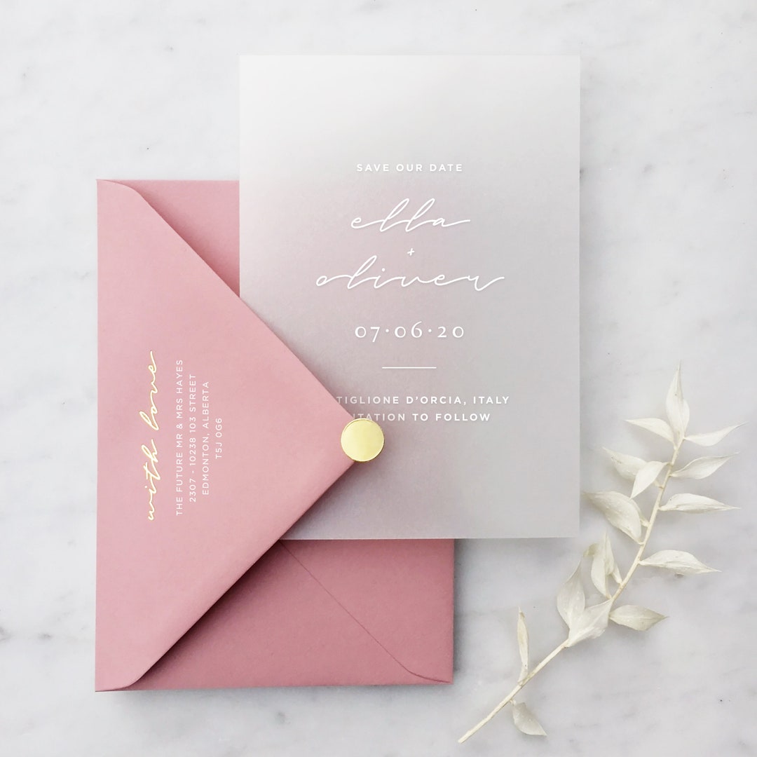 White Ink Vellum Save the Dates With Heavyweight Envelope