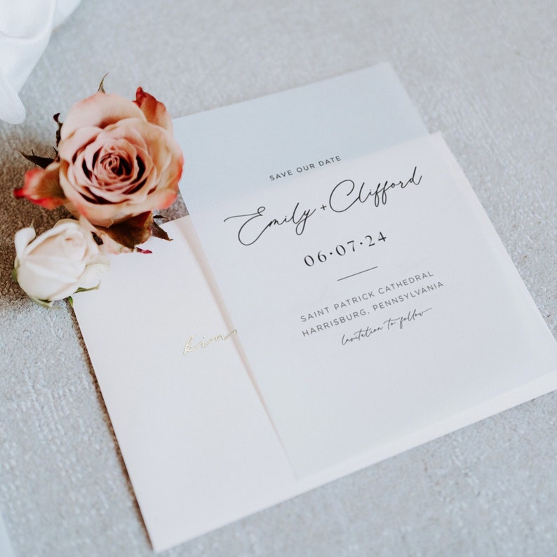 Minimal Script Vellum Save The Dates with Choice of Envelope & Gold Sticker image 1