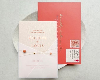 Vellum Enclosure Bead Save the Date in Coral and Nude with Heavyweight Envelope & Gold Sticker