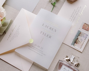 Gold Foiled Vellum Save The Dates with Premium Envelope & Gold Sticker