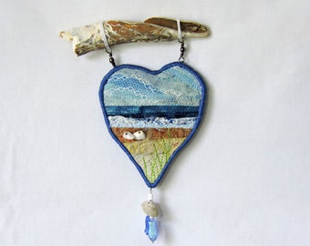 Quilted Beach Heart, Small Beach Wall Hanging, Fiber Art,  Art Quilt, Mini Quilted Seascape, Heart