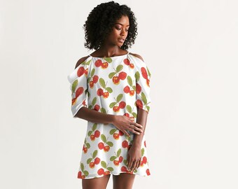 Women's Open Shoulder A-line Mini Dress / Tunic Acerola Caribbean Cherry - Cherry Print Summer Dress