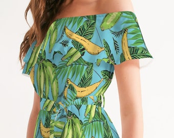 Plantain Paradise Women's Off-shoulder Dress - Tropical Print Summer Dress - Plantain Banana Leaves Pattern