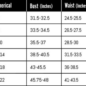 May include: A size chart showing women's clothing sizes in US sizes, numerical sizes, bust, waist, and hip measurements in inches.