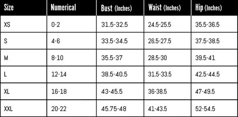May include: A size chart showing women's clothing sizes in US sizes, numerical sizes, bust, waist, and hip measurements in inches.