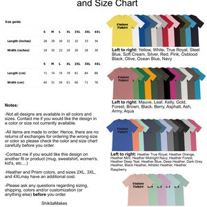 May include: Unisex t-shirt size chart with colour options. The chart shows the length and width of the t-shirt in inches and centimetres for sizes small to 4XL. The colour options are displayed as a row of t-shirts in various colours, including yellow, white, red, pink, blue, green, brown, black, and grey.