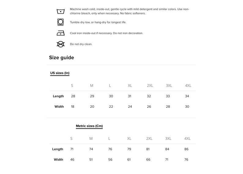 May include: White graphic with care instructions and a size guide for apparel. The size guide includes US sizes in inches, with lengths ranging from 28 to 34 inches and widths from 18 to 30 inches. Metric sizes are also provided.