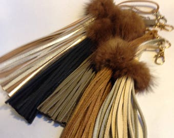 Fur Topped Tassel, Earth Tones Luxurious Leather & Fur / Bag Tassel or Key Ring, Luxury Bag Charm