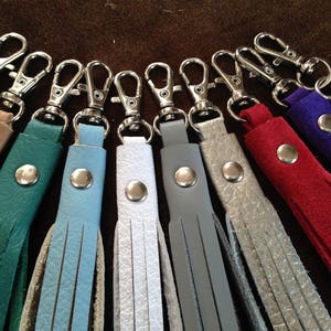 Leather Boot Tassels with Clips, finely hand cut, soft pair of tassels in many colours for Bags, Boots or Zippers, with metal stud feature. image 5