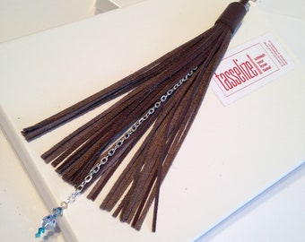 Dark Brown Leather Bag Tassel with Chain & Crystal Detail, Long Dark Brown full Bag Tassel, Dark Brown Tassel with Swarovski dropper detail