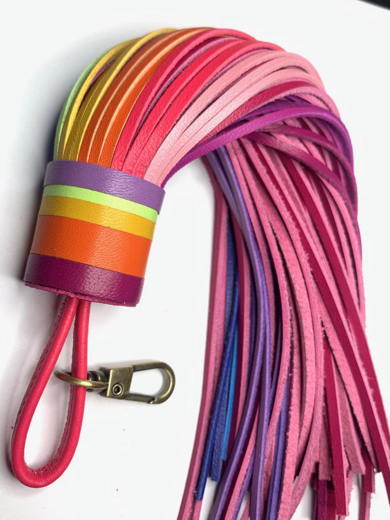 Luxe leren Rainbow Tassel-bedel met 10" druppel, gegradueerd spectrum, meerdere heldere, sappige kleuren, spectaculaire tasbedel met statement-spectrum afbeelding 3
