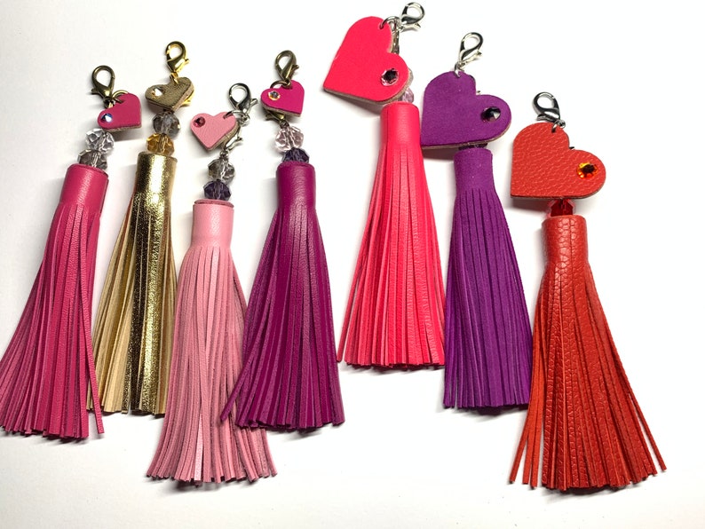 Leather Fringe & Crystal topped tassel with a little clip on Heart in matching colour featuring a sparkly crystal, supple hand cut soft hide image 8