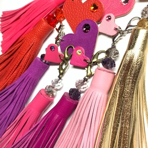 Leather Fringe & Crystal topped tassel with a little clip on Heart in matching colour featuring a sparkly crystal, supple hand cut soft hide image 10