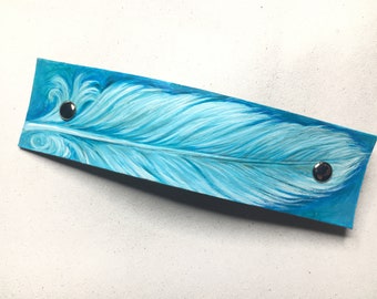 Feather Barrette hair clip, carved and hand painted , ponytail hairstyle , 4" slide, any colour , hand carved and painted leather, delicate