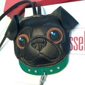Black Pug Charm in Leather, Pug Bag Charm or Keychain Charm Cute Pug Face with Clip Tassel