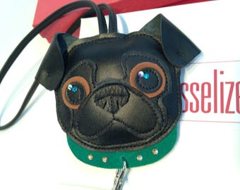 Black Pug Charm in Leather, Pug Bag Charm or Keychain Charm Cute Pug Face with Clip Tassel