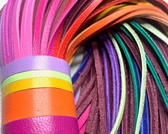 Luxurious leather Rainbow Tassel Charm with 10" drop, graduated spectrum multi bright juicy colours spectacular statement spectrum bag charm