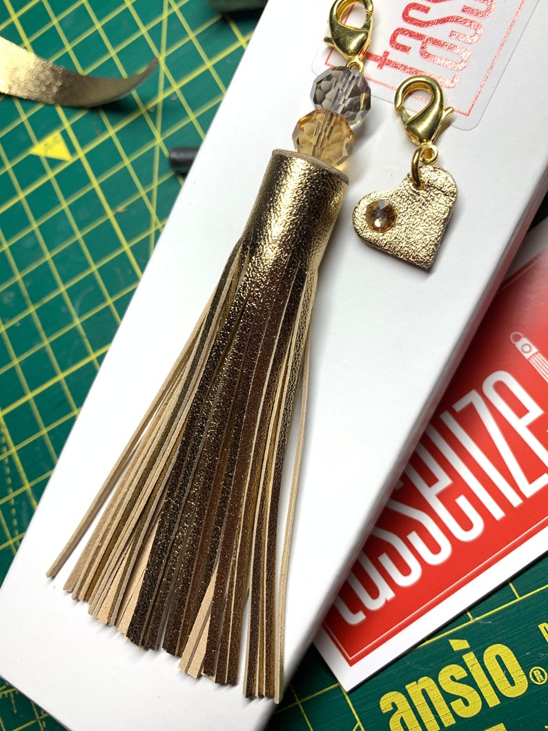 Leather Fringe & Crystal topped tassel with a little clip on Heart in matching colour featuring a sparkly crystal, supple hand cut soft hide image 4