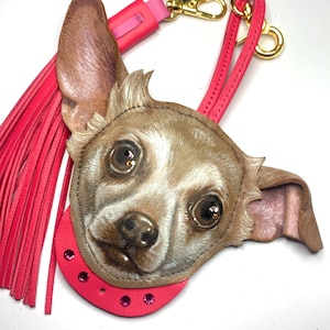 Porte-clés pour portrait d'animal de compagnie, chien sur commande, cadeau commémoratif peint à la main, peinture d'animal de compagnie personnalisée, porte-clé de chien personnalisé en cuir, bijou de sac