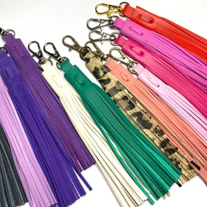 Borlas de cuero, flecos con clip para botas o bolsos, cremalleras o dije de llavero, par de borlas con detalle de puntada cortadas a mano de piel de calidad