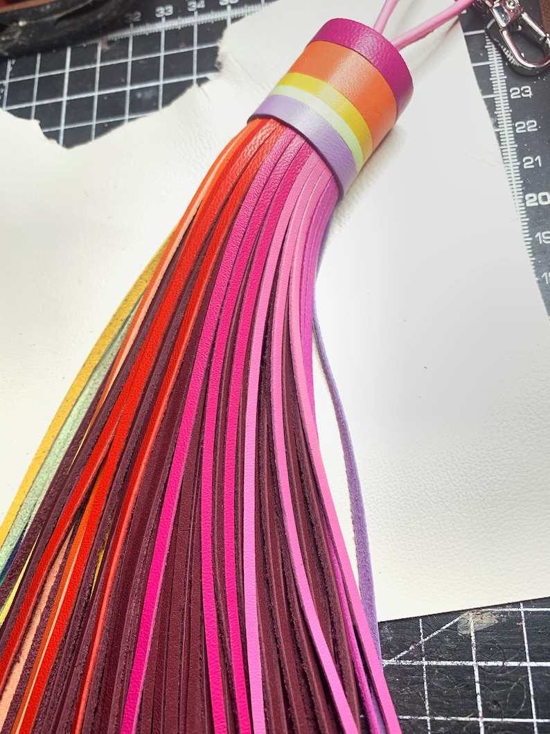 Op de afbeelding: Een kleurrijke leren kwast sleutelhanger met een regenboog van kleuren, waaronder rood, oranje, geel, groen, blauw, paars en roze. De kwast is bevestigd aan een paarse leren band met een metalen ring.
