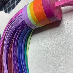Op de afbeelding: Een regenboogkleurige leren zweep met een roze handvat. De zweep is gemaakt van meerdere strengen leer in verschillende kleuren, waaronder rood, oranje, geel, groen, blauw, paars en roze.