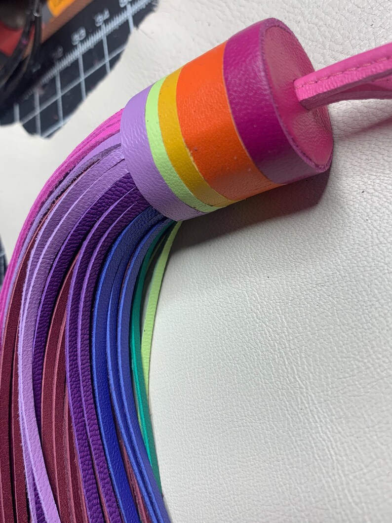 Op de afbeelding: Een regenboogkleurige leren zweep met een roze handvat. De zweep is gemaakt van meerdere strengen leer in verschillende kleuren, waaronder rood, oranje, geel, groen, blauw, paars en roze.